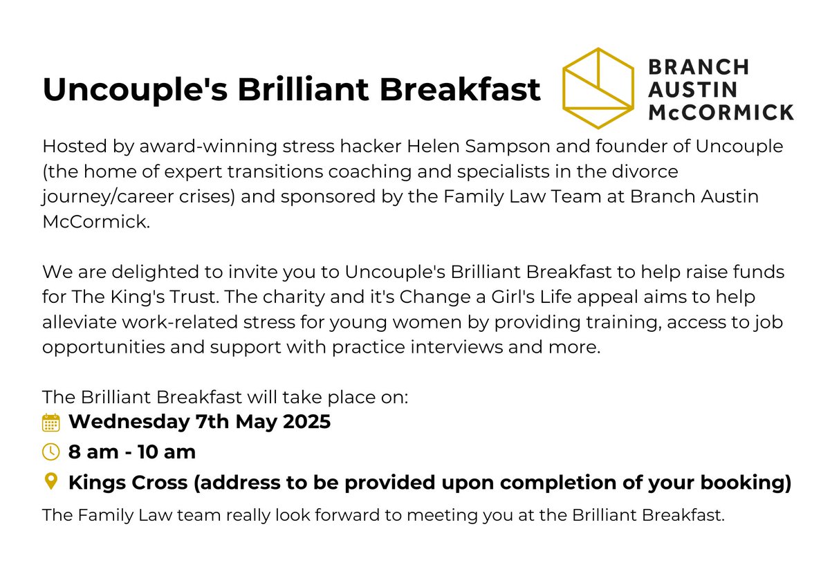 Join award-winning Stress Hacker Helen Sampson, founder of Uncouple.

Proudly sponsored by our Family Law Team at Branch Austin McCormick, this event supports the Change a Girl’s Life appeal:

Book your place: lu.ma/lvtr2120

#BrilliantBreakfast #TheKingsTrust