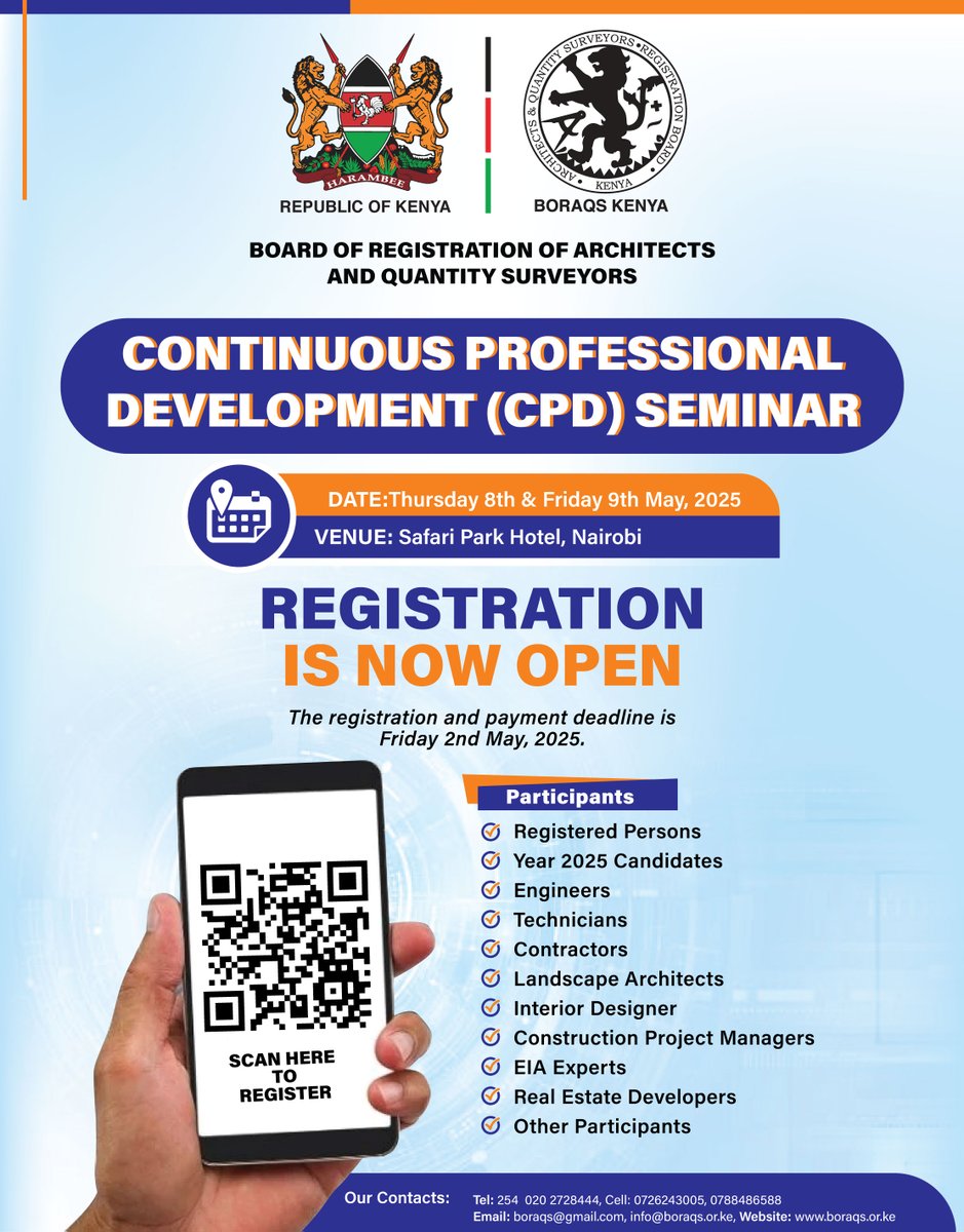 We are delighted to welcome you to the Continuing Professional Development (CPD) seminar taking place at the Safari Park Hotel, Nairobi, on Thursday 8th and Friday 9th May, 2025.  REGISTRATION IS NOW OPEN. SCAN THE QR CODE BELOW TO REGISTER.