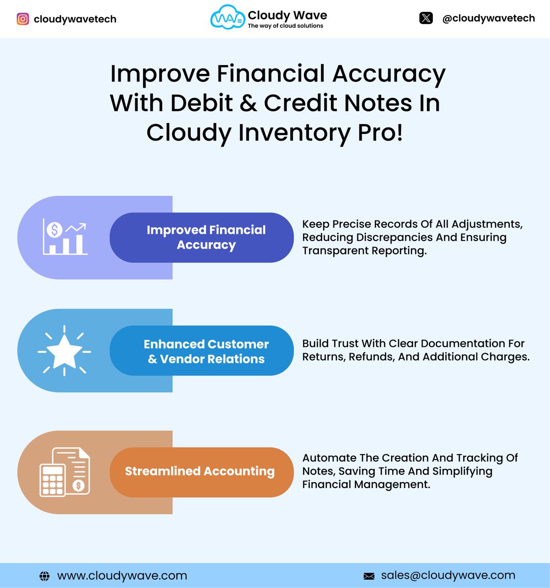 cloudywavetech's tweet image. 📢 Boost accuracy with Debit &amp;amp; Credit Notes in Cloudy Inventory Pro! 🚀
✅ Accurate records
✅ Clear returns &amp;amp; charges
✅ Automated tracking
Smarter inventory, simpler finances! 📊
#CloudyInventoryPro #Automation #Accounting #InventoryManagement