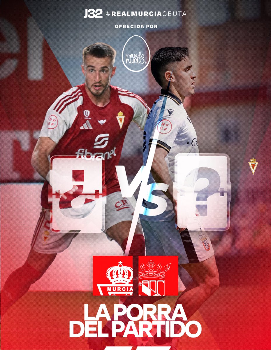 ¡Participa en la 𝑳𝒂 𝑷𝒐𝒓𝒓𝒂 𝒅𝒆𝒍 𝑷𝒂𝒓𝒕𝒊𝒅𝒐 con <a href="/Mundohuevo_es/">Mundohuevo</a>! 

🔮 Adivina el resultado y los goleadores del #RealMurciaCeuta, RT a la publicación y sigue a <a href="/Mundohuevo_es/">Mundohuevo</a> ¡para ganar un premio! 🎁   

📝 Solo tienes que responder a nuestra publicación en Twitter con