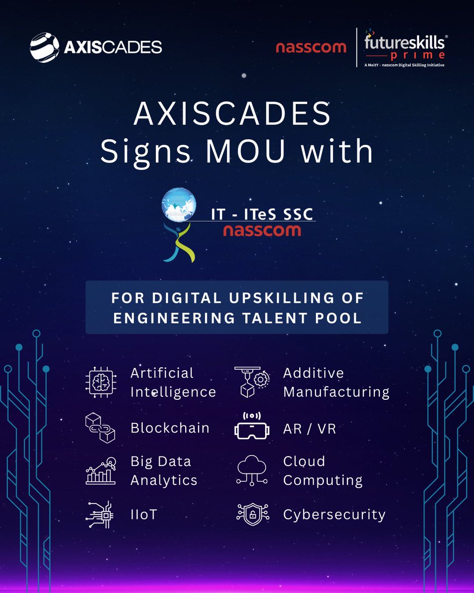 AXISCADES (@axiscades) on Twitter photo We’re proud to announce the signing of a Memorandum of Understanding (MoU) with <a href="/sscnasscom/">SSC Nasscom</a> to bring the <a href="/fsprimeofficial/">FutureSkills Prime</a> platform to our engineering teams.
This initiative is a key step in our ongoing commitment to building future-ready talent. Through structured learning and We’re proud to announce the signing of a Memorandum of Understanding (MoU) with <a href="/sscnasscom/">SSC Nasscom</a> to bring the <a href="/fsprimeofficial/">FutureSkills Prime</a> platform to our engineering teams.
This initiative is a key step in our ongoing commitment to building future-ready talent. Through structured learning and