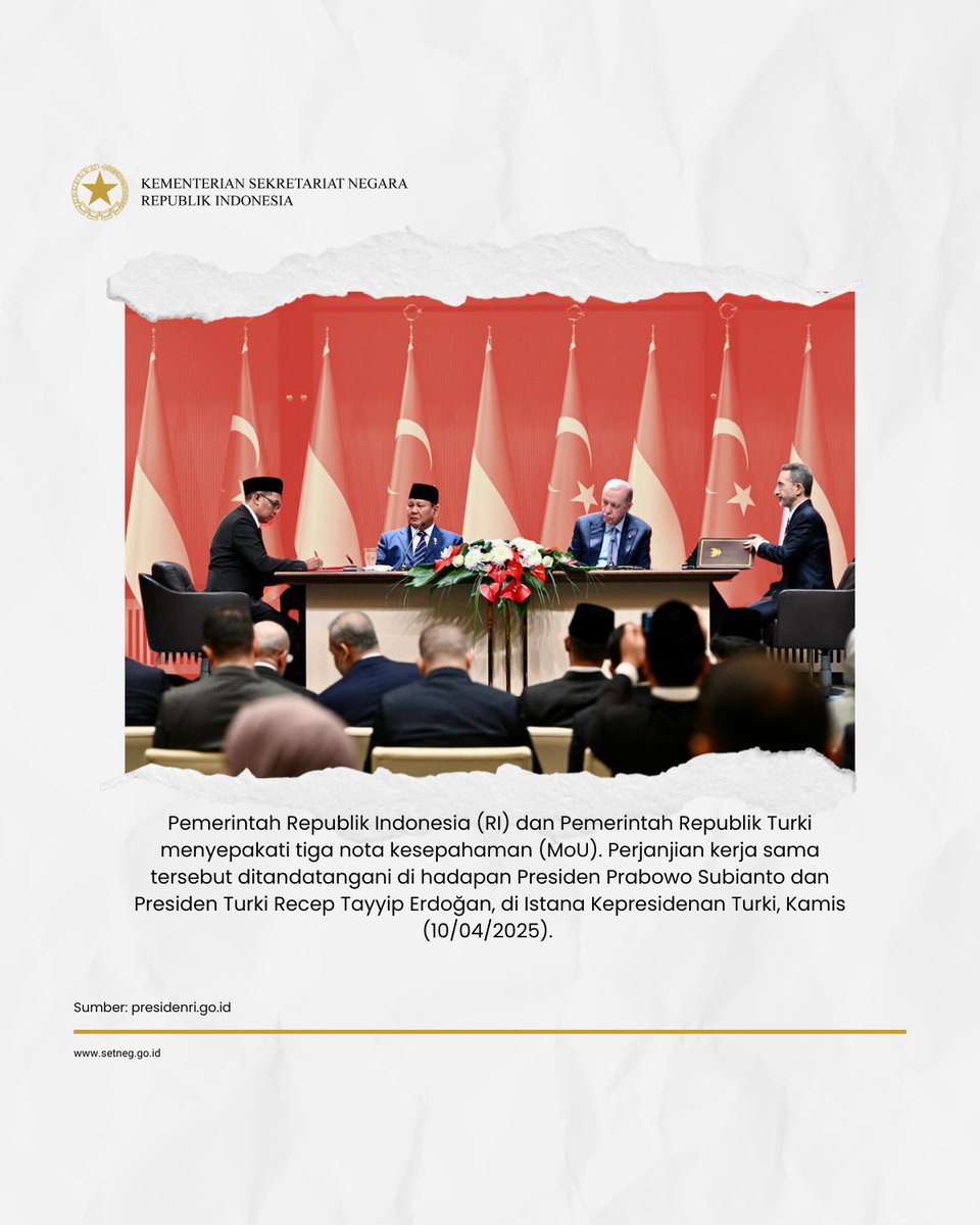 KemensetnegRI's tweet photo. #SobatSetneg, Indonesia dan Turki telah menyepakati tiga nota kesepahaman (MoU) sebagai komitmen untuk memperkuat hubungan kerja sama antara kedua negara.

Apa saja kerja sama yang disepakati oleh Pemerintah Indonesia dan Pemerintah Turki?

Simak di postingan berikut ya! https://t.co/ONkX0TXUDN