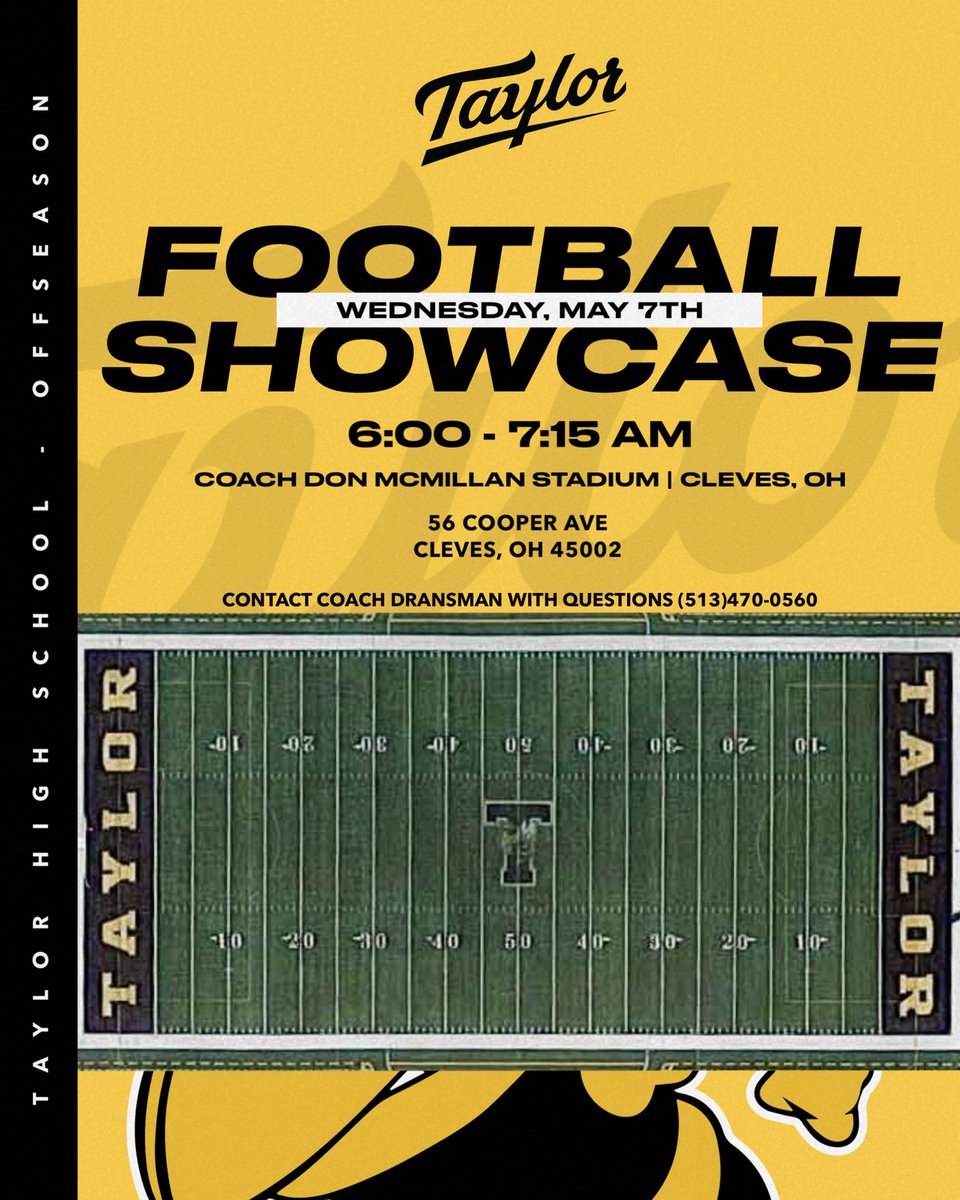 🏈 College Coaches 🏈 

We’re hosting our Football Showcase at Taylor High School on Wednesday, May 7th. Come check out the Yellow Jackets!

#RaiseTheBar #StateOfCleves