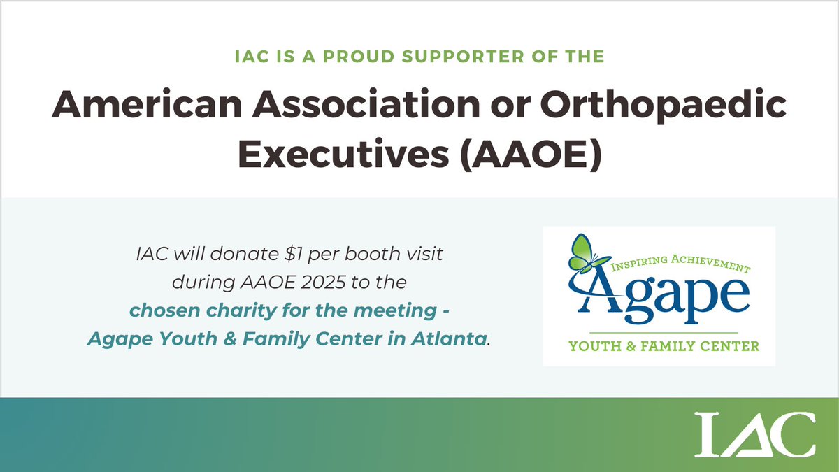 IAC | Intersocietal Accreditation Commission (@iacaccred) on Twitter photo The IAC is a proud exhibitor at #AAOE2025! To support <a href="/AAOE_OrthoExec/">AAOE_OrthoExec</a> in 2025, the IAC will donate $1/booth visit (Booth 321) to ​the AAOE's chosen conference charity, Agape Youth & Family Center in Atlanta. <a href="/AgapeATL/">Agape Atlanta</a> The IAC is a proud exhibitor at #AAOE2025! To support <a href="/AAOE_OrthoExec/">AAOE_OrthoExec</a> in 2025, the IAC will donate $1/booth visit (Booth 321) to ​the AAOE's chosen conference charity, Agape Youth & Family Center in Atlanta. <a href="/AgapeATL/">Agape Atlanta</a>