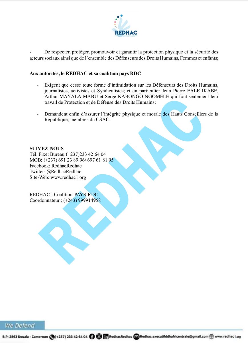 Ibandagrace's tweet photo. #CSAC: le Bureau @CBosembe au bord du naufrage, une honte nationale dénoncée par #REDHAC!
le @RedhacRedhac et sa coalition pays #RDC exigent:
📍que cesse toute forme d’intimidation sur les Défenseurs des Droits Humains,
journalistes, activistes et Syndicalistes; et en particulier Jean Pierre EALE IKABE,
Arthur MAYALA MABU et Serge KABONGO NGOMELE qui font seulement leur
travail de Protection et de Défense des Droits Humains;
📍Demandent enfin d’assurer l’intégrité physique et morale des Hauts Conseillers de la
République; membres du @csac_rdc.
@kakese_leon @LFranceKuzikesa