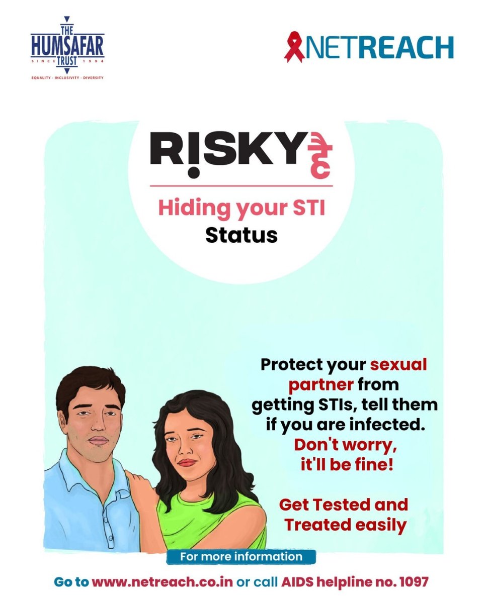 NETREACHIndia's tweet photo. Hiding your STI status? That’s risky. 

Protect your partner—talk about STIs, get tested, and get treated.

Your health matters, and so does theirs. 

Visit https://t.co/8TxId49F66 to learn more.

#STI #GetTested #SexualHealth #SaferSex #STIAwareness #NETREACH #TheHumsafarTrust #KnowYourStatus