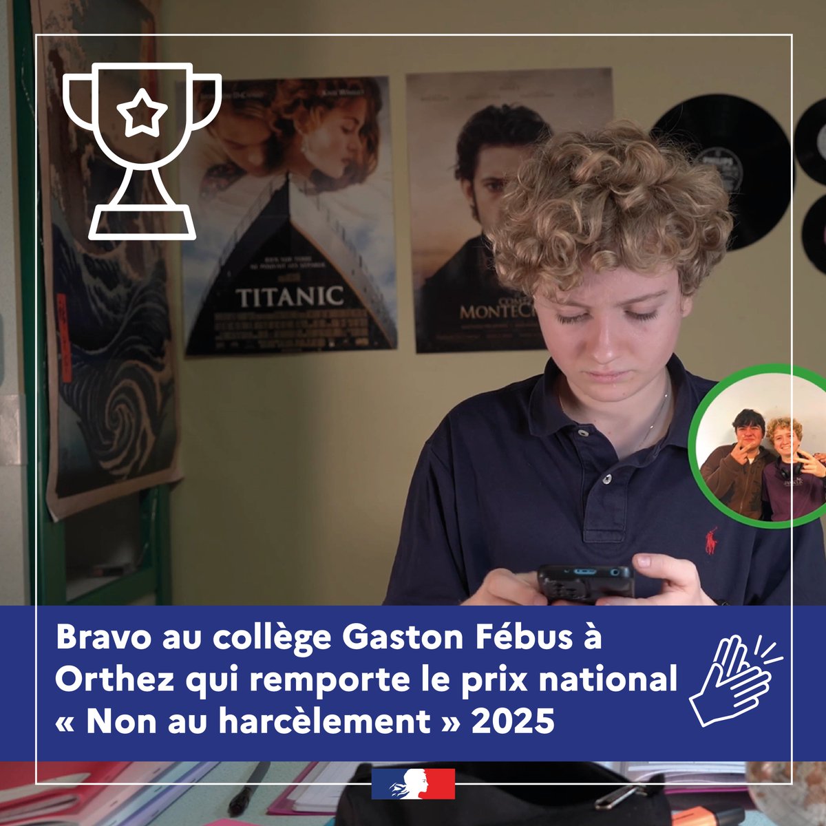 🎉 Félicitations au collège Gaston Fébus d’#Orthez, lauréat du prix national "Prévention du cyberharcèlement" toutes classes confondues dans le cadre du concours Non au harcèlement ! 2025 
 
🎞️ Pour voir la vidéo 👉ac-bordeaux.fr/prix-non-au-ha…