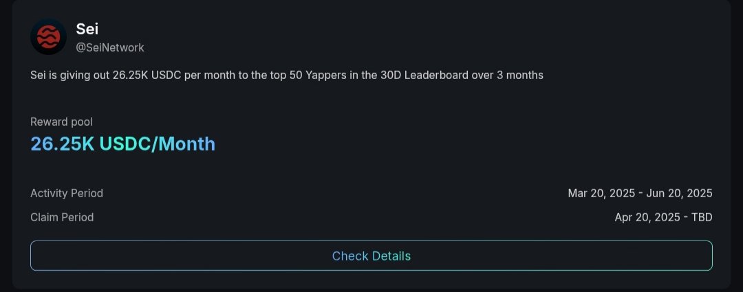 Runner_CEO's tweet image. Talk. Earn. Win. 🗣️💰

@SeiNetwork is dropping $26.25K USDC/month to the top 50 Yappers over 3 months!
Just engage, rank up, and claim your rewards.

Mar 20 – Jun 20, 2025
Let’s yap for that bag! 🔥
#SeiNetwork #YapperRewards #Web3Earnings @KaitoAI