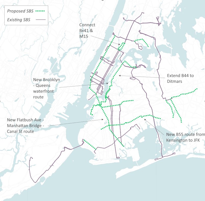 Nice, achievable, ambition!

“MTA and NYC DOT should collaborate to revive and implement all 20 SBS routes originally proposed in 2009 and create new inter-borough connections by extending SBS routes across bridges and between boroughs.”