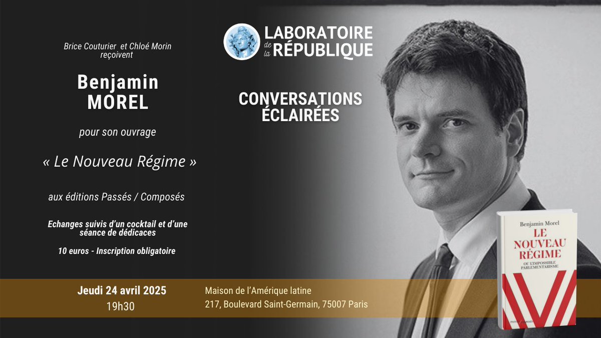 Le Laboratoire de la République (@labrepublique) on Twitter photo ⚡Conversation éclairée de <a href="/BenjaminMorel63/">Benjamin Morel</a>, par <a href="/briceculturier/">Brice Couturier</a> et <a href="/ChloeMorin2/">Chloé Morin</a>,
🗒️Pour son ouvrage "Le nouveau régime ou l’impossible parlementarisme",
📍Jeudi 24 avril à la <a href="/MAL_217/">MaisonAmériquelatine</a> !
👉Inscription en ligne : helloasso.com/associations/l…
<a href="/jmblanquer/">Jean-Michel Blanquer</a> #République #Institutions ⚡Conversation éclairée de <a href="/BenjaminMorel63/">Benjamin Morel</a>, par <a href="/briceculturier/">Brice Couturier</a> et <a href="/ChloeMorin2/">Chloé Morin</a>,
🗒️Pour son ouvrage "Le nouveau régime ou l’impossible parlementarisme",
📍Jeudi 24 avril à la <a href="/MAL_217/">MaisonAmériquelatine</a> !
👉Inscription en ligne : helloasso.com/associations/l…
<a href="/jmblanquer/">Jean-Michel Blanquer</a> #République #Institutions