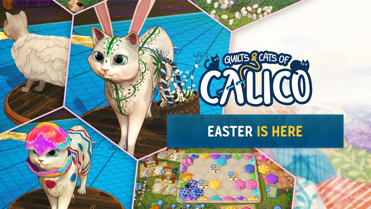 monstercouch's tweet photo. 🐣 Happy Easter, Quilters! 🎉 New Easter cosmetics have arrived in Quilts and Cats of Calico! Dress your cat in eggy styles, bunny ears, lamb looks & more! 🐰🎀
Available till April 30! 🌷
#EasterCats #QuiltsAndCats #CatCostumes #SpringVibes 🧺🐾 https://t.co/cel6H7DKDW
