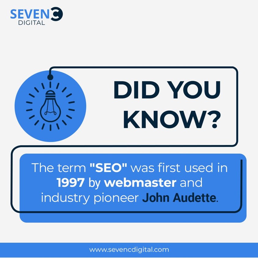 SevenCDigital's tweet photo. Taking it back to '97! 💡🔙 Did you know that the term 'SEO' was coined by John Audette? That's when the quest for the top spot on search engines began!

#SEOHistory #DigitalMarketing https://t.co/K1zyZIYPiX