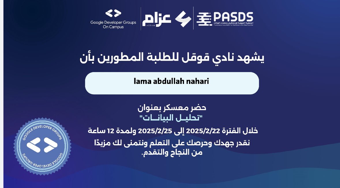 LamaAbdulN's tweet image. كل خطوة تعلم تفتح لي بابًا جديدًا، وهذه الشهادة واحدة من المفاتيح! 🚀 
تجربة المعسكر كانت مليئة بالتحديات والمتعة، والأجمل أني طلعت منها بمعرفة أوسع وثقة أكبر
مستمرة في الطريق، والقادم أفضل بإذن الله! 📊✨
#GDG_DATA_ANALYSIS
#GDG_ON_Campus
#powerBi