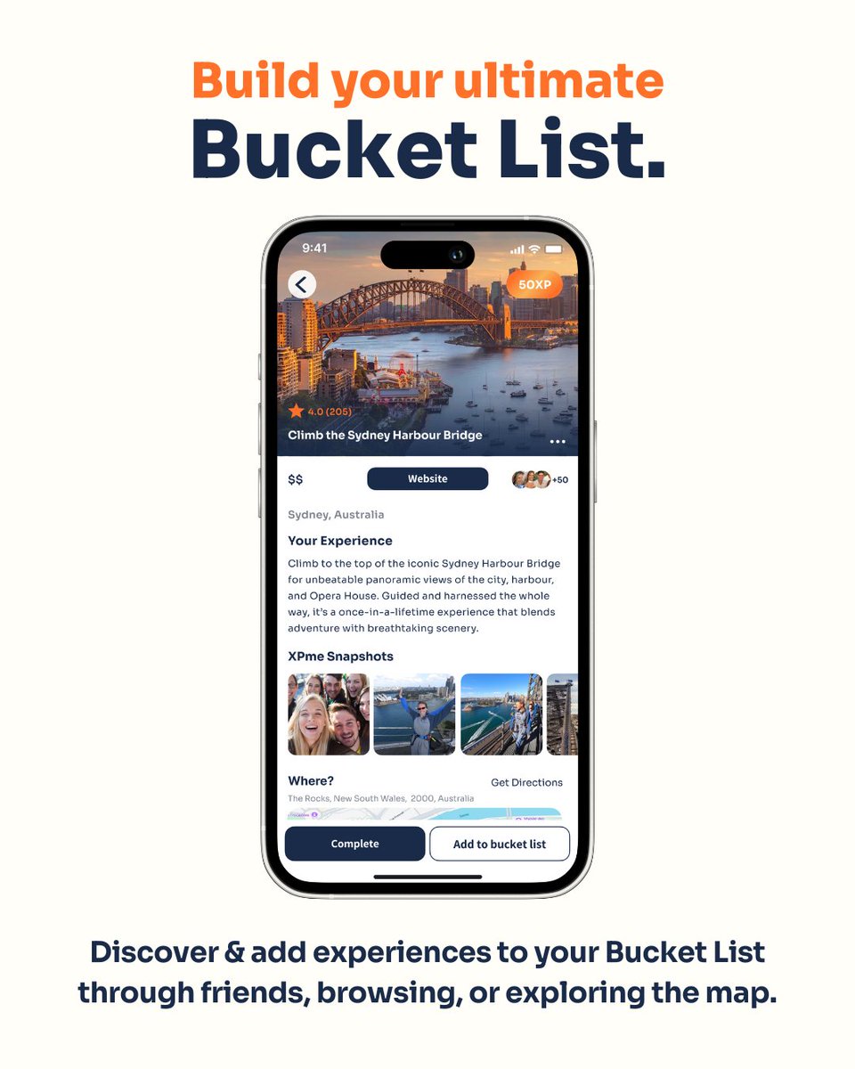 Your bucket list deserves more than the notes app. 🗒️✍️ 

With XPme, you can explore thousands of experiences — from iconic landmarks to hidden local gems — and build a personal bucket list that reflects what you want more of in life. 🏄🌇🌴🍾🧘‍♀️✈️ 

Discover new ideas. 
Save what
