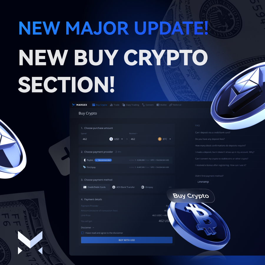 🚨 New Major Update on Margex!

The Buy Crypto section just got an upgrade:

- 40+ fiat currencies now supported
- All payments powered by our trusted partners <a href="/paybis/">Paybis</a> and <a href="/FinchPay_io/">FinchPay</a>

Try it now on Margex: go.margex.com/s/buy_crypto