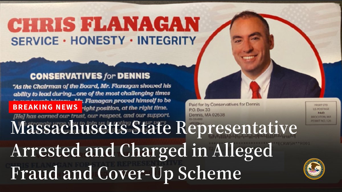 #BREAKING 🚨Mass. State Rep. Christopher Flanagan arrested on federal fraud charges. Allegedly used stolen funds for campaign funding, mortgage and credit card payments, psychic services, menswear. Defendant to appear in Boston federal court @ 2:30 PM.
justice.gov/usao-ma/pr/mas…