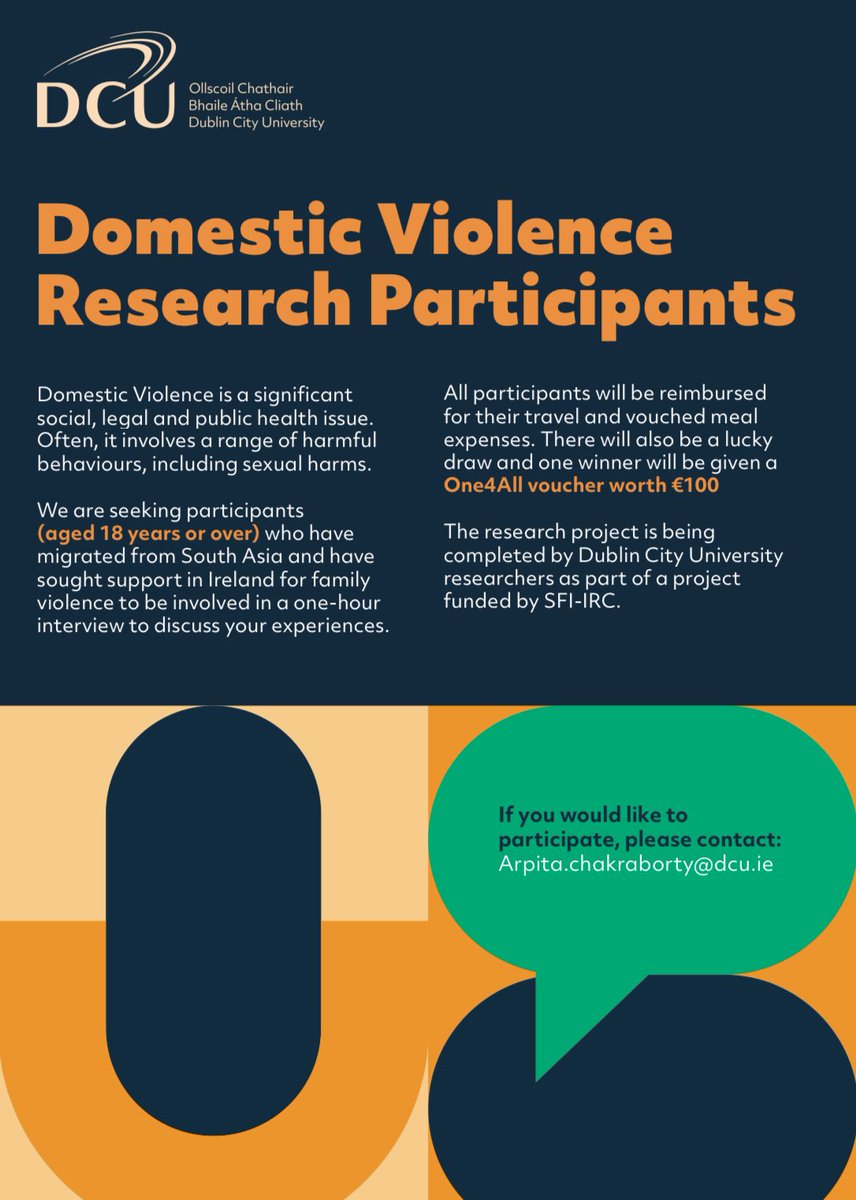 I am interested in interviewing anyone who has migrated to Ireland from South Asia and used the domestic violence support services here. If you, or someone you know has this experience, please consider getting in touch with me at arpita.chakraborty@dcu.ie.