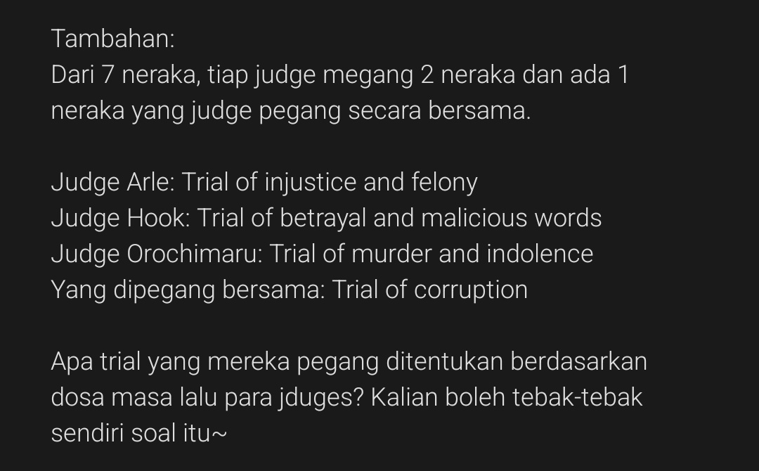 JudgeARLECCHINO's tweet photo. Last but not least, kalian mungkin udah pada tau kalau CA ini inspired by Death Parade? Tapi, tau gak ada 1 lagi yang menginspirasi? Kalau kalian pay attention sama nama-nama trialnya dan kenapa para admin dipanggil judge. CA ini juga inspired by Along with the Gods. https://t.co/EZX0ft7T5h