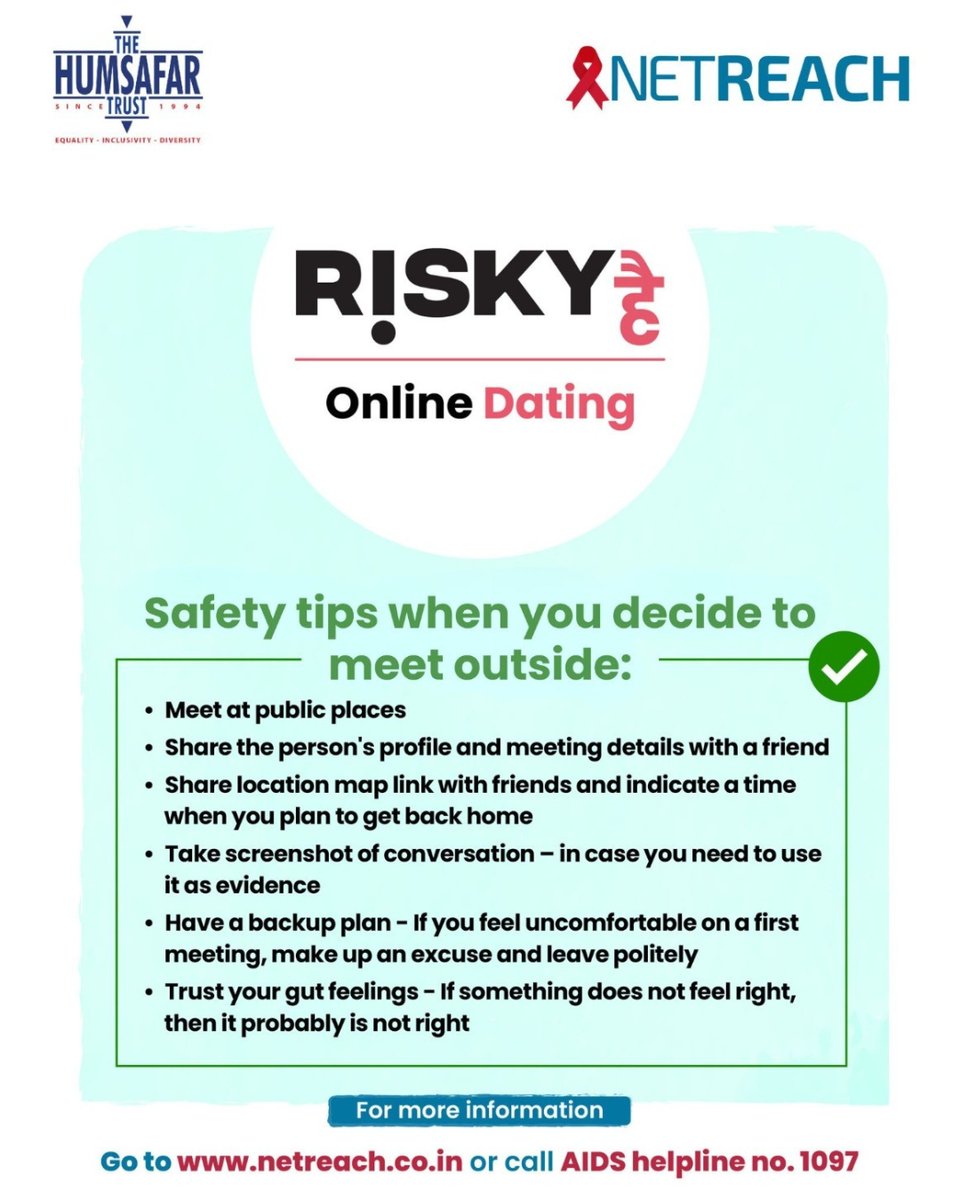 NETREACHIndia's tweet photo. Meeting someone from a dating app? 

Follow these online dating safety tips before meeting offline.
Your safety is always a priority. 

Visit https://t.co/FQHkkKppro to know more.

#OnlineDating #DatingSafety #StaySafe #MeetSmart #QueerSafety #LGBTQ #NETREACH #TheHumsafarTrust https://t.co/pS0W51l22N