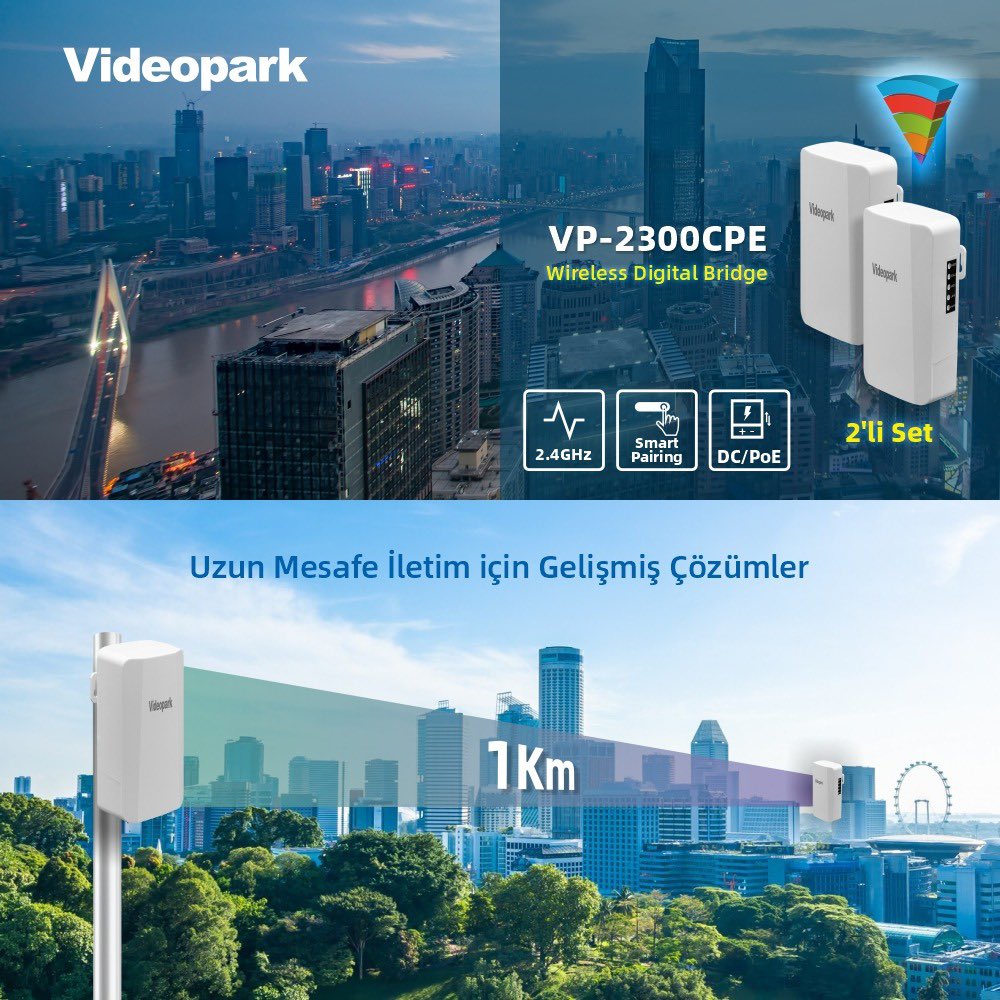 HanElektronik's tweet photo. Uzun mesafe bağlantılarınız için tasarlanan Videopark VP-2300CPE 300Mbps hız, 8dBi yüksek kazançlı anten ve 1 km mesafeye kadar güçlü sinyal ile güvenli ve hızlı çözüm sağlar. 🌍🚀 Kolay kurulum, yüksek performans! ⚡🔧

#videopark #hanelektronik #wirelessbridge #pointopoint https://t.co/nRs6HLSHjG