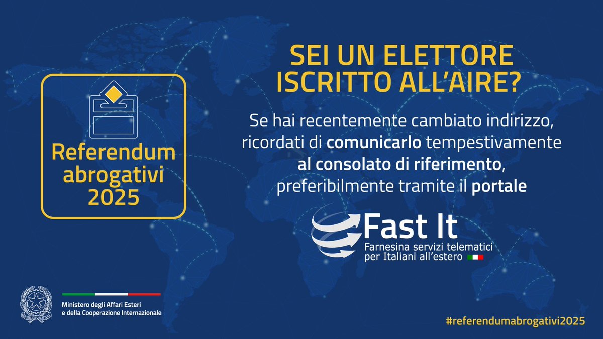 #Referendumabrogativi2025
🗳️ Sei un elettore iscritto all’AIRE? 
❗Se hai recentemente cambiato indirizzo, ricordati di comunicarlo tempestivamente al tuo Consolato di riferimento, preferibilmente tramite il portale #FastIt.
👇 
serviziconsolari.esteri.it/ScoFE/index.sco