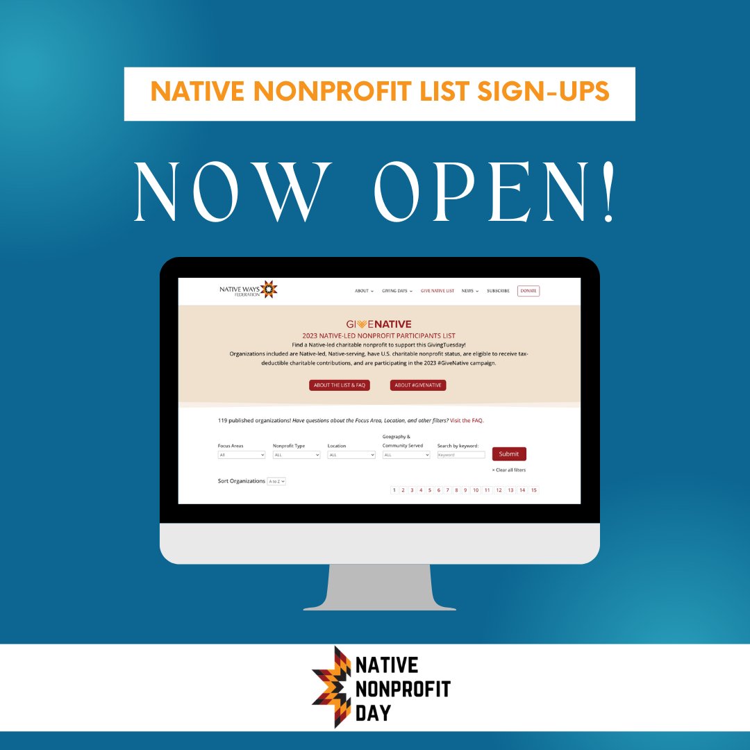 native_ways's tweet image. 🚨 Registration is OPEN for the Native Nonprofit List! 🚨  
 
🌍 Join the growing list of #NativeNonprofits making an impact in Native communities!  
Priority Deadline: April 14  
 
👉 Interested? Sign up today and get your organization featured!  
🔗 givenative.org/p/registration