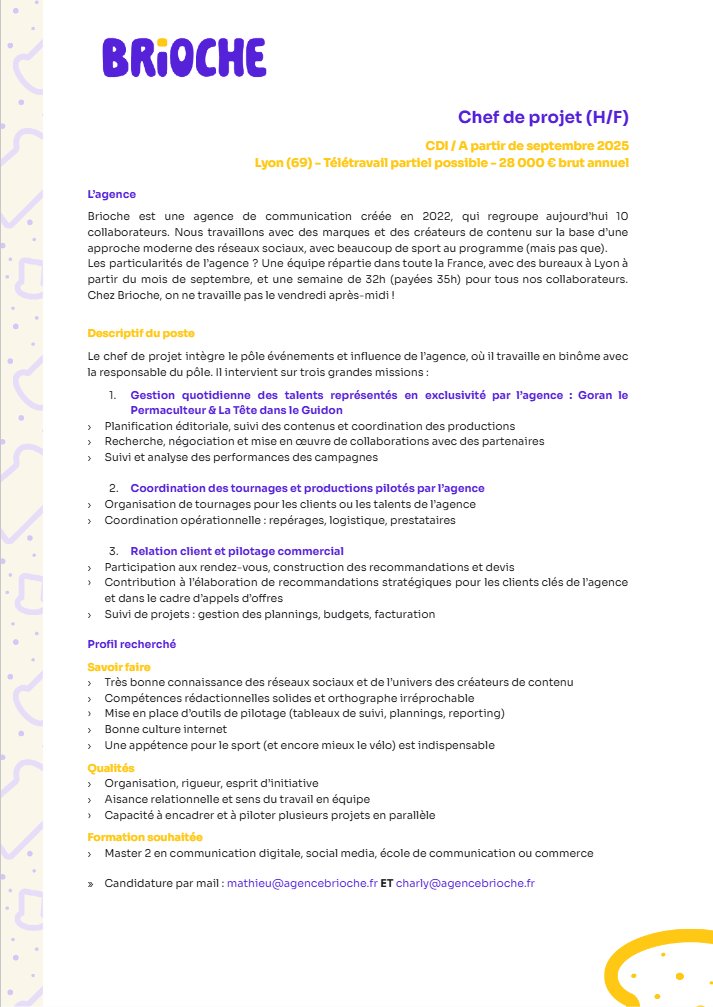 J'ai du taf pour vous, c'est en CDI, basé à Lyon, c'est pour bosser sur des thématiques influence et sport, c'est à 32h/semaine et y a du télétravail dedans.

Postulez bien aux DEUX mails svp.