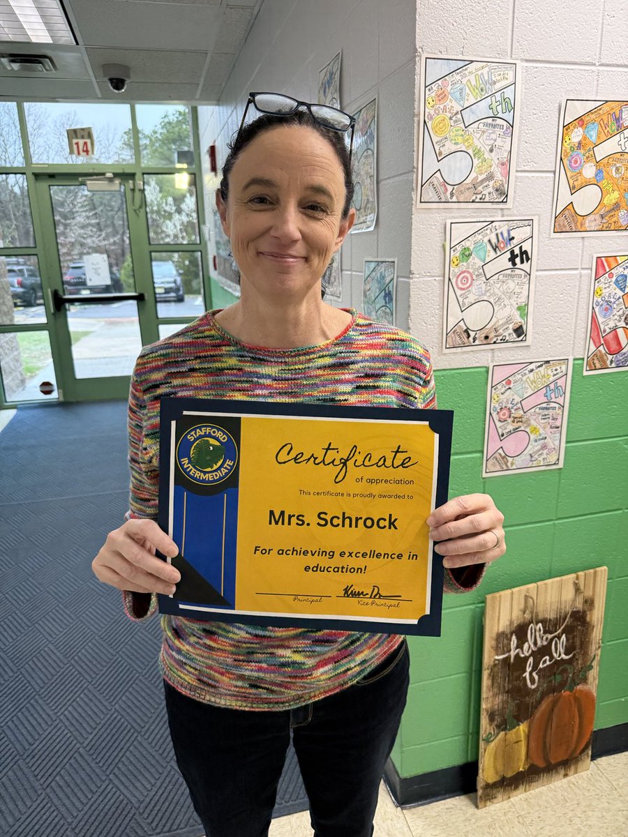 Intermediate staff member of the week, Mrs. Schrock!  Mrs. Schrock is a valued staff member, we appreciate all that you do to support your colleagues and students. 💙💛 ⁦<a href="/Stafford_INT/">Hope Zaun</a>⁩ ⁦<a href="/StaffordTwpEd/">Stafford Schools</a>⁩