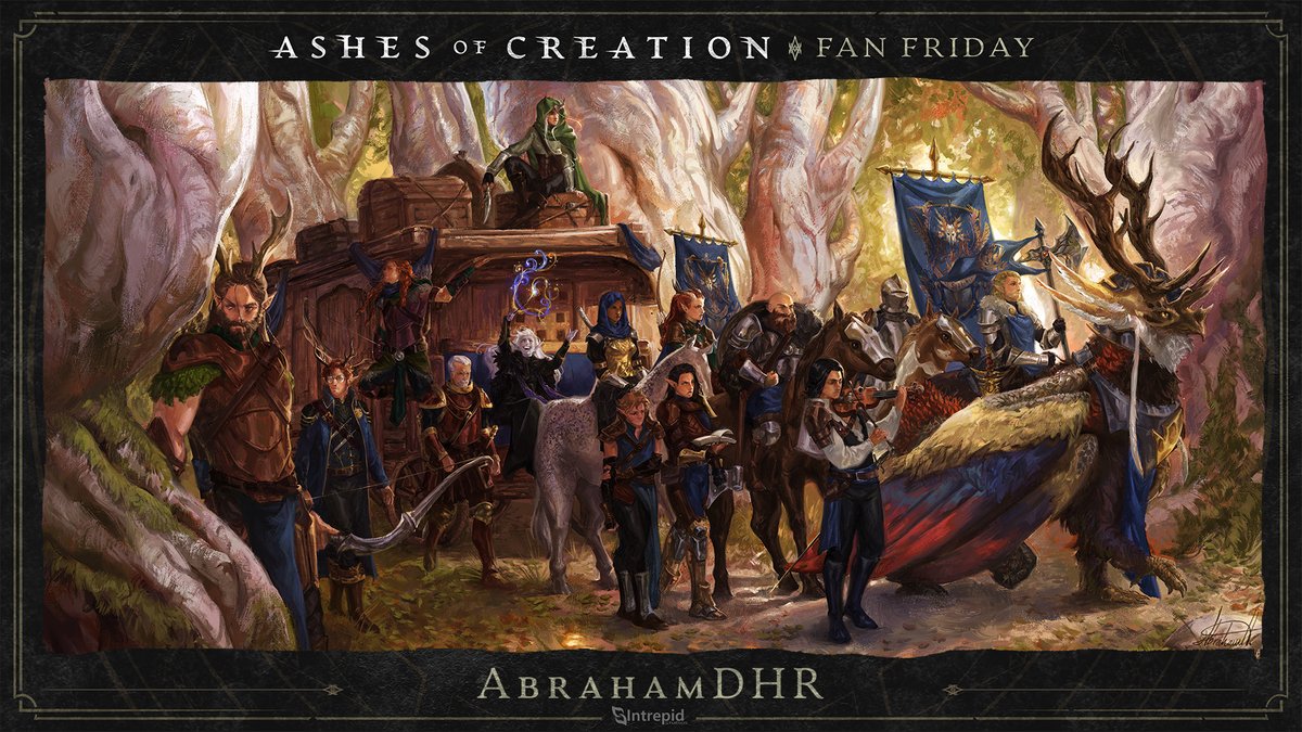 AshesofCreation's tweet photo. 🧑‍🎨 🎨 🖼️ Titled "March of the Sentinels", AbrahamDHR did a glorious job illustrating this guild turning in their caravans with style! 

🚚 🤔 How many caravan runs have you completed so far? #FanFriday https://t.co/Q9Y12W3xRJ