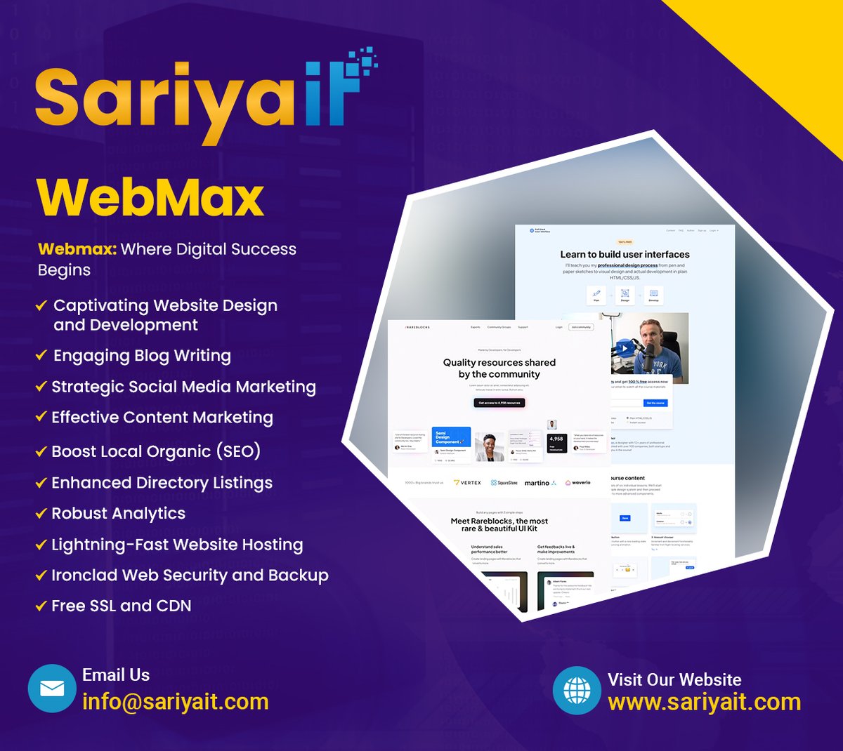 SariyaIt's tweet image. Want to Outshine Your Online Competition? WebMax Holds the Key!

👉 To get started, visit our website at🌐sariyait.com or email us at 📧 info@sariyait.com. Let&apos;s create something remarkable together!

#webmax #onlinesuccess #DigitalExcellence #webdesign #sariyait