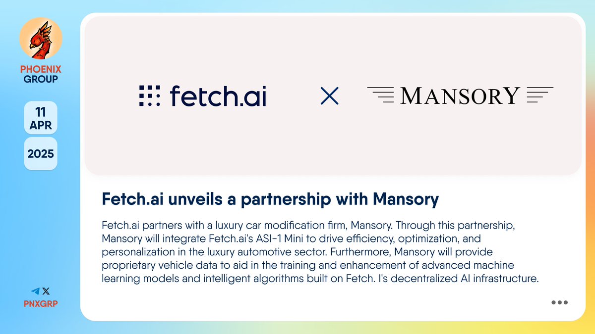 pnxgrp's tweet photo. ๐ค @Fetch_ai unveils a partnership with @MANSORYofficial
#Fetchai partners with a luxury car modification firm, #Mansory. Through this partnership, Mansory will integrate https://t.co/ppJR4q7NgL's #ASI1Mini to drive efficiency, optimization, and personalization in the luxury automotive sector. Furthermore, Mansory will provide proprietary vehicle data to aid in the training and enhancement of advanced machine learning models and intelligent algorithms built on https://t.co/ppJR4q7NgLโs decentralized #AI infrastructure.
https://t.co/ppJR4q7NgL (Artificial Superintelligence Alliance member) is an AI-backed blockchain environment that helps users create a decentralized digital economy within a single ledger.
๐ https://t.co/Ko0mteSrSN