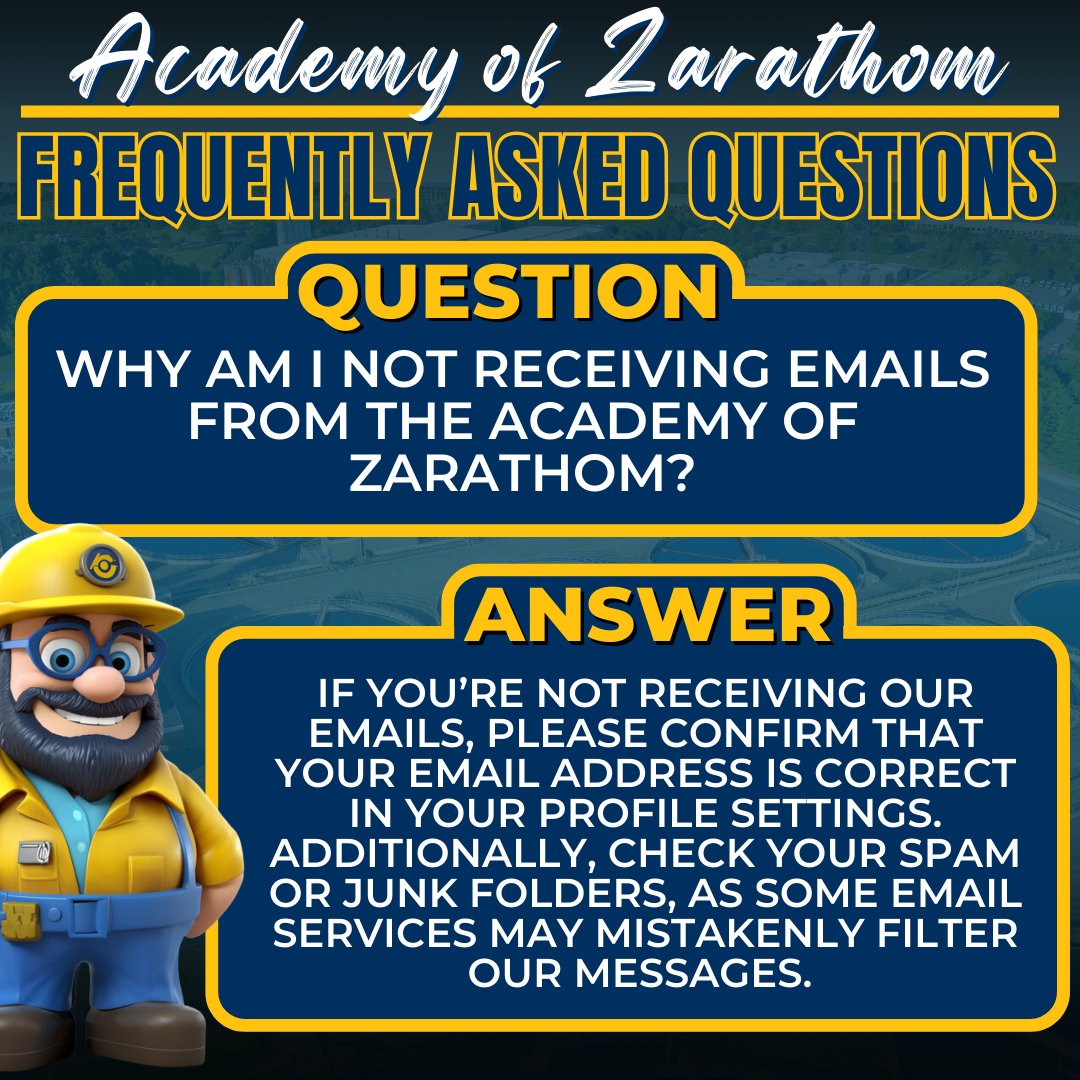 Zarathom_Online's tweet image. Do you Have questions about the Academy of Zarathom? 
Visit us at l8r.it/y6l0

#FAQ #WaterProfessionals #WastewaterOperators #AcademyOfZarathom #OperatorTraining ##WaterIndustryExperts#WastewaterTraining #WaterTreatmentPros #WaterOperatorTraining #WastewaterExperts