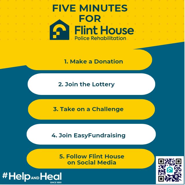 Have you got five minutes to make a difference to Flint House today?
Your support allows us to #helpandheal.

flinthouse.co.uk/give-support/

#five4flinthouse #support #policerehab