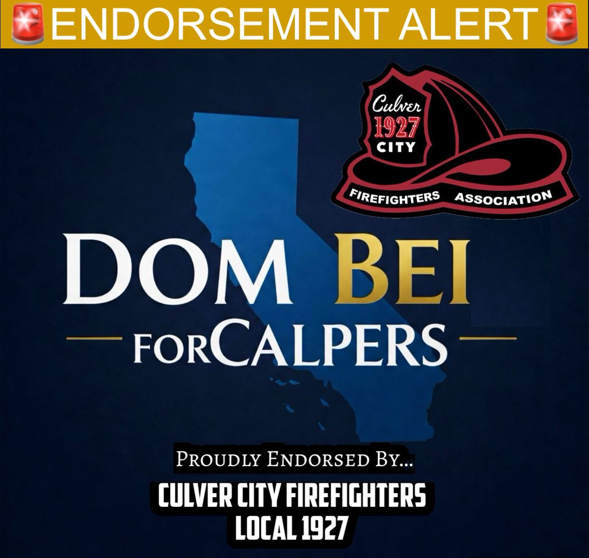 DomforCalPERS's tweet photo. 𝐉𝐔𝐒𝐓 𝐈𝐍 🚨: Dom Bei for CalPERS 2025 is now endorsed by Culver City Firefighters, Local 1927! 🔥🚒🔥 https://t.co/PBn51sIDEj