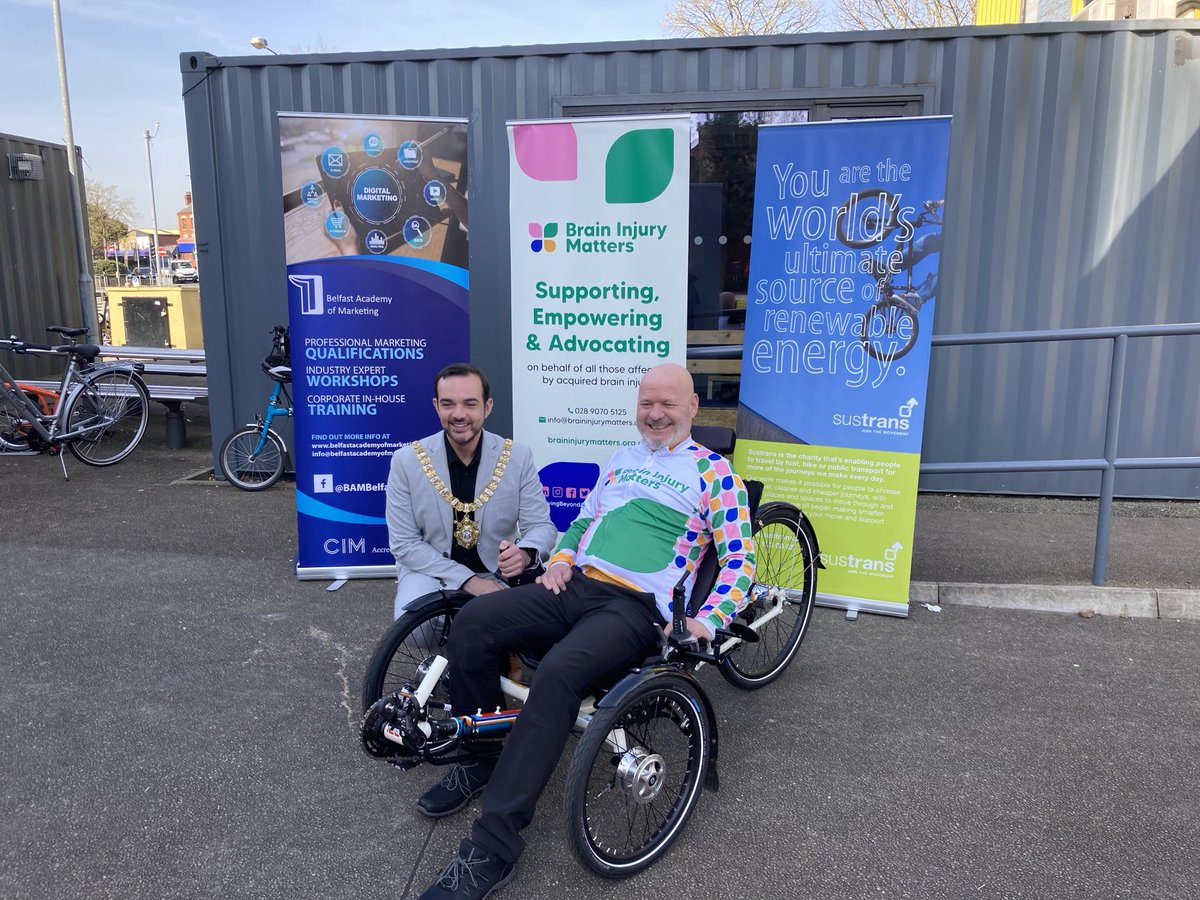 WWCTrustNI's tweet image. Belfast Lord Mayor Cllr Micky Murray came to celebrate the fundraising efforts of Frank McKee whose cycling challenge resulted in a new ⁦@icetrikes⁩ for the #PedalPower project at CS Lewis Square 🥳 ⁦@belfastcc⁩ ⁦@BelfastLive⁩ ⁦@BrainInjMatters⁩ ⁦
