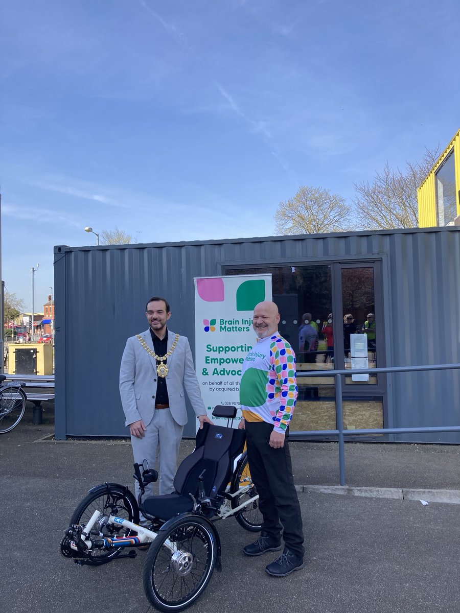 WWCTrustNI's tweet image. Belfast Lord Mayor Cllr Micky Murray came to celebrate the fundraising efforts of Frank McKee whose cycling challenge resulted in a new ⁦@icetrikes⁩ for the #PedalPower project at CS Lewis Square 🥳 ⁦@belfastcc⁩ ⁦@BelfastLive⁩ ⁦@BrainInjMatters⁩ ⁦