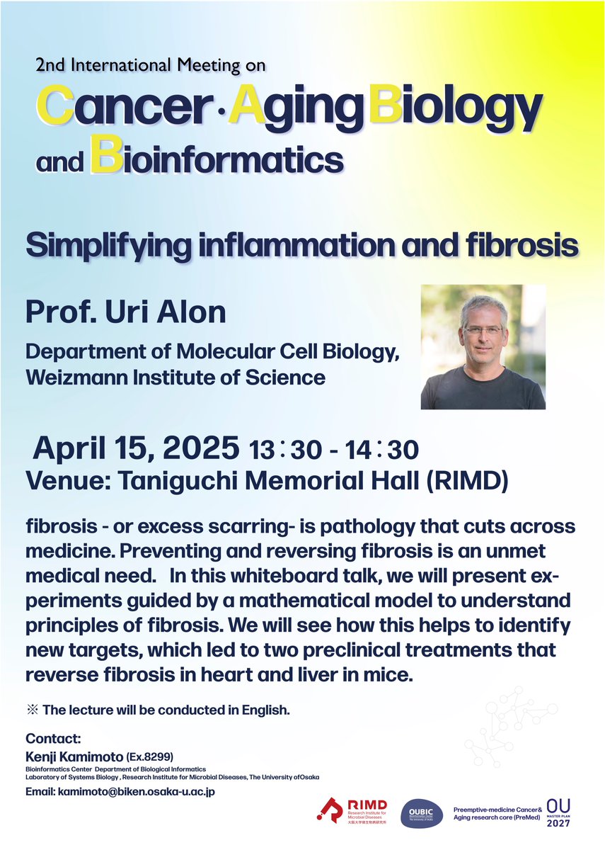 Please repost! I'm thrilled to be hosting Prof. Uri Alon at Osaka University next week!
He'll give an interactive whiteboard seminar on fibrosis and inflammation from a systems biology perspective.
Don’t miss it—join us at Osaka University! 
biken.osaka-u.ac.jp/news_topics/de…