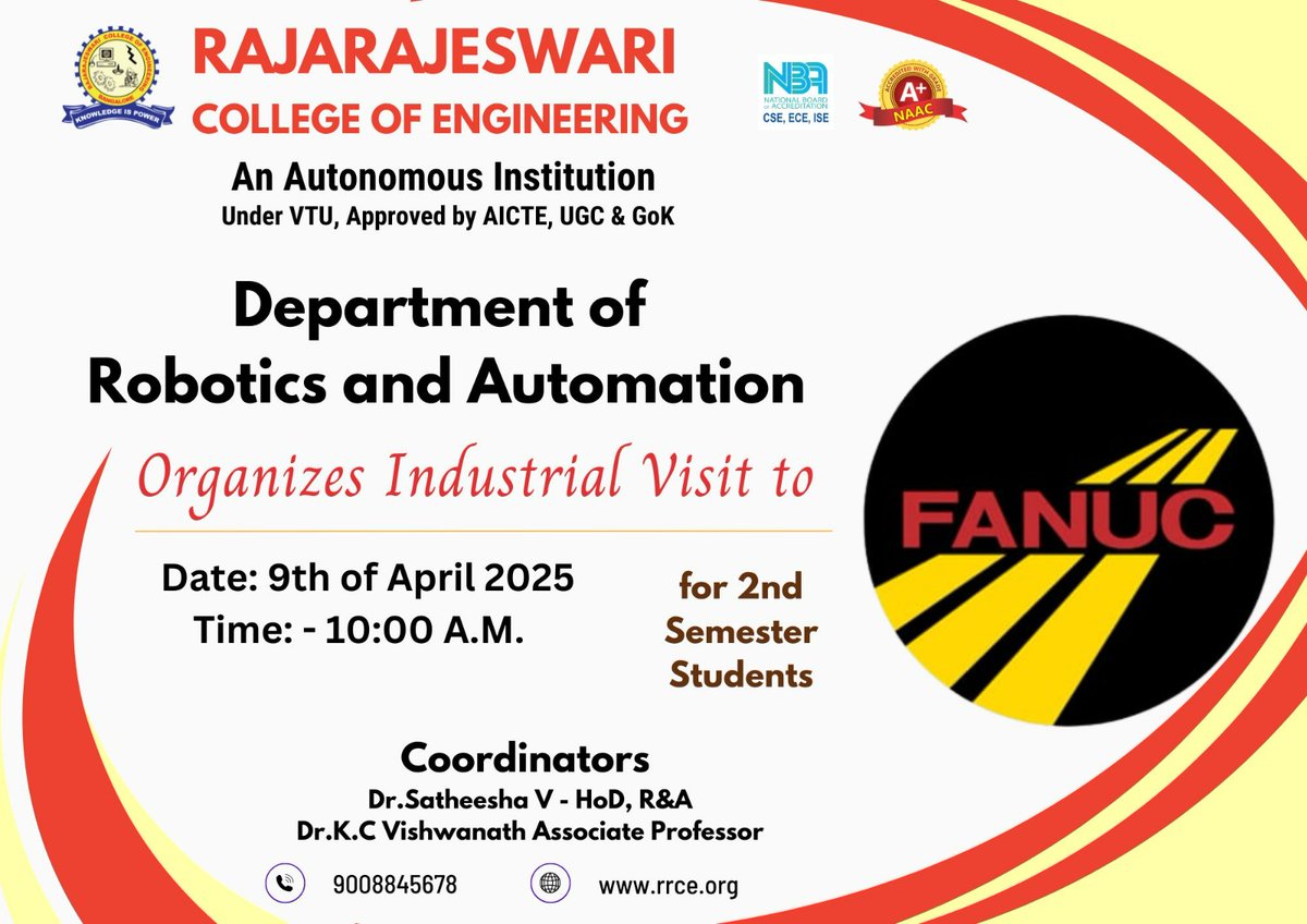 rrceblr's tweet image. 🤖✨ 2nd sem #RoboticsAndAutomation students from #RRCE had an enriching visit to #FanucIndia on Apr 9! From industrial robots to full factory automation—true hands-on learning! 🙌 Bridging theory & real-world tech! 💡🔧 #IndustrialVisit #STEM #RRCE