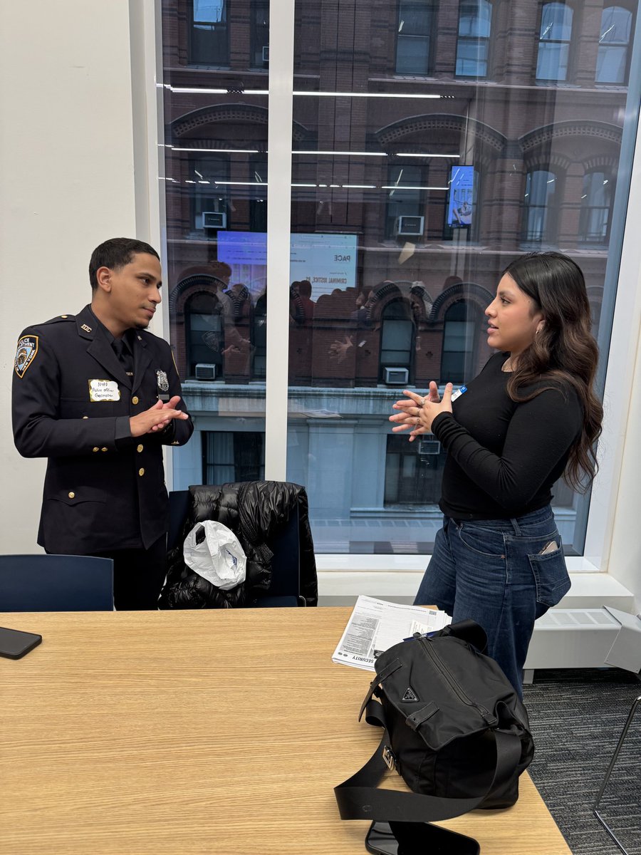 NYPD_PRODEV's tweet photo. Yesterday, Assistant Commissioner Haberfeld and Officer Germosen attended a Criminal Justice Professional Development event at Pace University, where they helped undergraduate students learn about the many career development opportunities available to MOS within the NYPD. https://t.co/LEoQzQs6GO