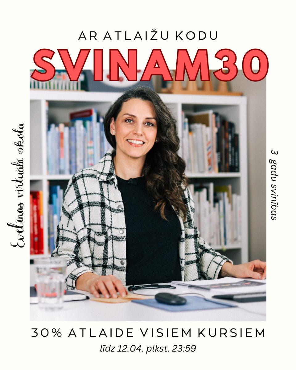 evelinalv's tweet photo. Evelīnas virtuālajai skolai 3 gadi! 🎉

Ar atlaižu kodu SVINAM30 Tev 3 dienas ir iespēja iegādāties KURSUS ar 30% atlaidi! 🔥 Kursi pēc to iegādes ir pieejami 6 mēnešus. https://t.co/dOfgW9tDZK https://t.co/VgxObgXYTo