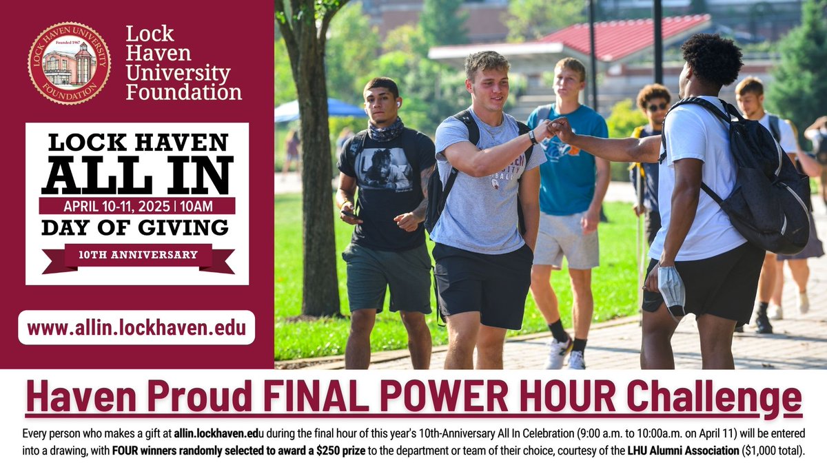 More than 1,000 Bald Eagles have contributed over $191k this All In. Now is YOUR chance to join the support at allin.lockhaven.edu.

Everyone who GIVES will have a chance to award one of FOUR $250 prizes to their favorite program.

#LHUAlumni #GiveToHU ##LHUALLIN #HavenProud