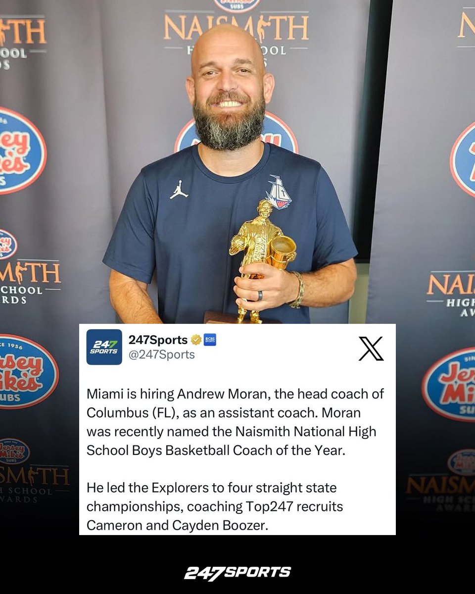 NEWS: Miami head coach Jai Lucas is hiring Miami (Fla.) Columbus HS Head Coach Andrew Moran to his staff, a source told <a href="/247Sports/">247Sports</a>.

Moran was named the 2025 Naismith Coach of the Year, won four consecutive state titles, three Peach Jam Championships and a Chipotle National