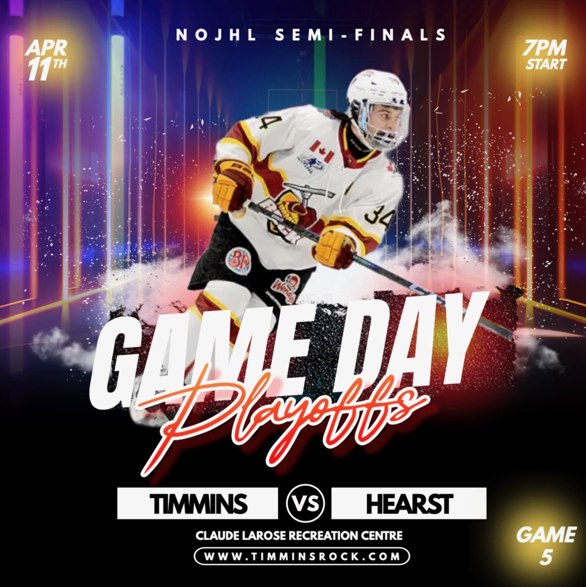 📣 ITS GAME DAY! 🚍
 
Your Timmins Rock are back in action tonight as they visit the Hearst Lumberjacks in Game 5 of the NOJHL Semifinals - puck drops just after 7pm🏒

Catch the action live on FloHockey🖥️

#GoRockGo #NOJHL