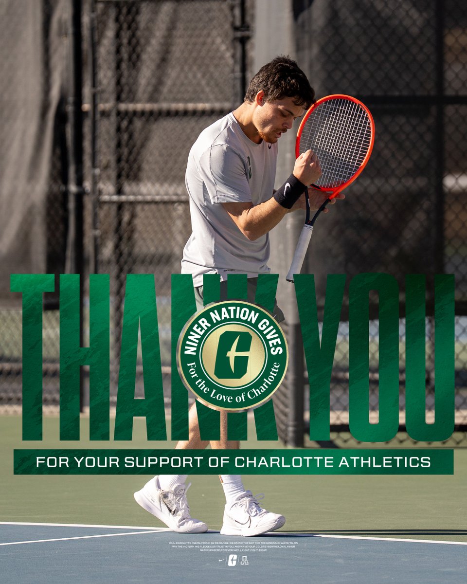 CharlotteMTen's tweet photo. THANK YOU, Niner Nation! 💚🎾
Your support during #NinerNationGives powers every serve, every swing, and every match we fight through as 49ers. Because of you, we compete with pride and purpose — on and off the court.
Together We Rise.🤙
#GoldStandard⛏️ x #FTLOC https://t.co/SQcThDt76d