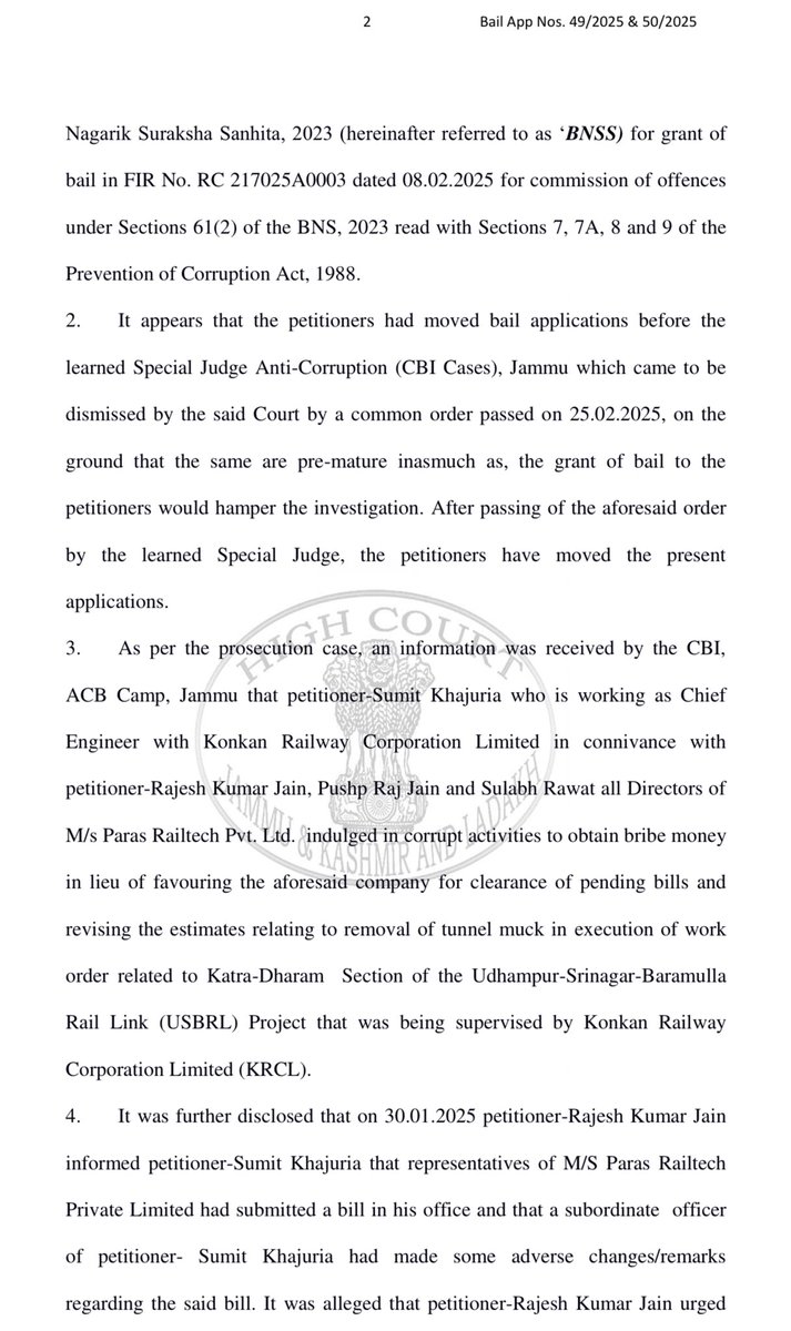 Railwhispers's tweet image. #BailApplication of #SumitKhajuria, CE/KRCL &amp;amp; #RajkumarJain, Director/#ParasRailTeck has been rejected 2nd time by the highcourt of J&amp;amp;K in a #CBI case.

Highcourt said in an order passed on 25th March, In the face of the aforesaid observations of the Supreme Court..
@RailMinIndia