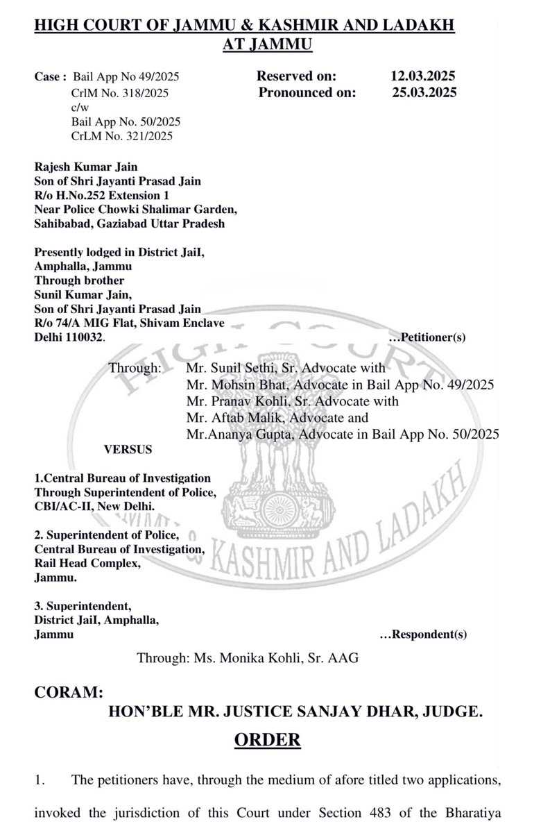 Railwhispers's tweet image. #BailApplication of #SumitKhajuria, CE/KRCL &amp;amp; #RajkumarJain, Director/#ParasRailTeck has been rejected 2nd time by the highcourt of J&amp;amp;K in a #CBI case.

Highcourt said in an order passed on 25th March, In the face of the aforesaid observations of the Supreme Court..
@RailMinIndia