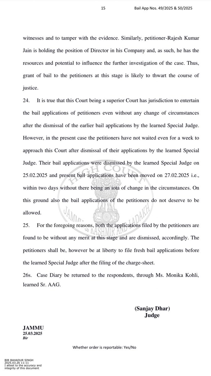 Railwhispers's tweet image. #BailApplication of #SumitKhajuria, CE/KRCL &amp;amp; #RajkumarJain, Director/#ParasRailTeck has been rejected 2nd time by the highcourt of J&amp;amp;K in a #CBI case.

Highcourt said in an order passed on 25th March, In the face of the aforesaid observations of the Supreme Court..
@RailMinIndia