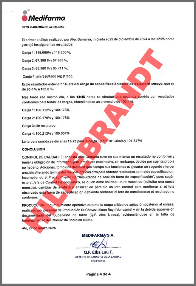 Esta es la cadena de mando responsable del suero mortal de Medifarma. Los operarios Roy Chávez y Alex Gamarra eran el último eslabón en la producción del suero. La empresa pretende culpar sólo a estos dos trabajadores. Documentos obtenidos por <a href="/ensustrece/">Semanario Hildebrandt en sus trece</a> demuestran que hay una