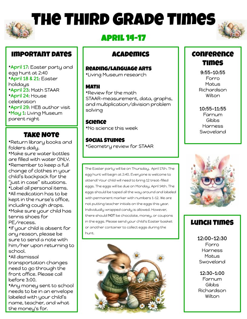 Here is what we will be working on next week in 3rd grade. Remember that Easter eggs are due on Monday and so are the Living Museum topic slips. #RobinsonISD <a href="/ElemRob/">Robinson Elementary</a>