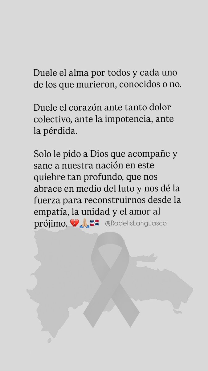 Le pido a Dios que acompañe y sane a nuestra nación en este quiebre tan profundo, que nos abrace en medio del luto y nos dé la fuerza para reconstruirnos desde la empatía, la unidad y el amor al prójimo. 💔🙏🏼🇩🇴 #LutoNacional #JetSet #RepublicaDominicana